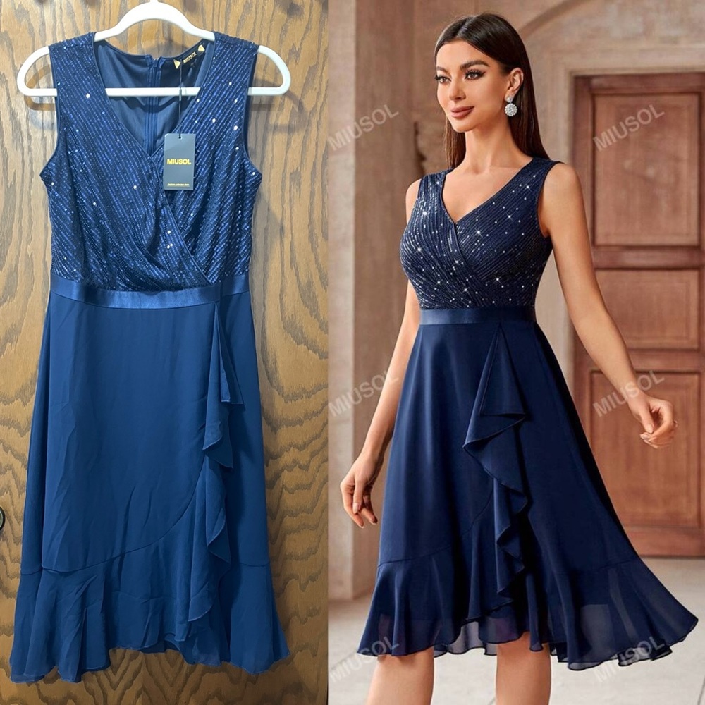 MIUSOL V-Neck Sequin Sleeveless Chiffon Shiny Prom Party Swing Navy NEW L